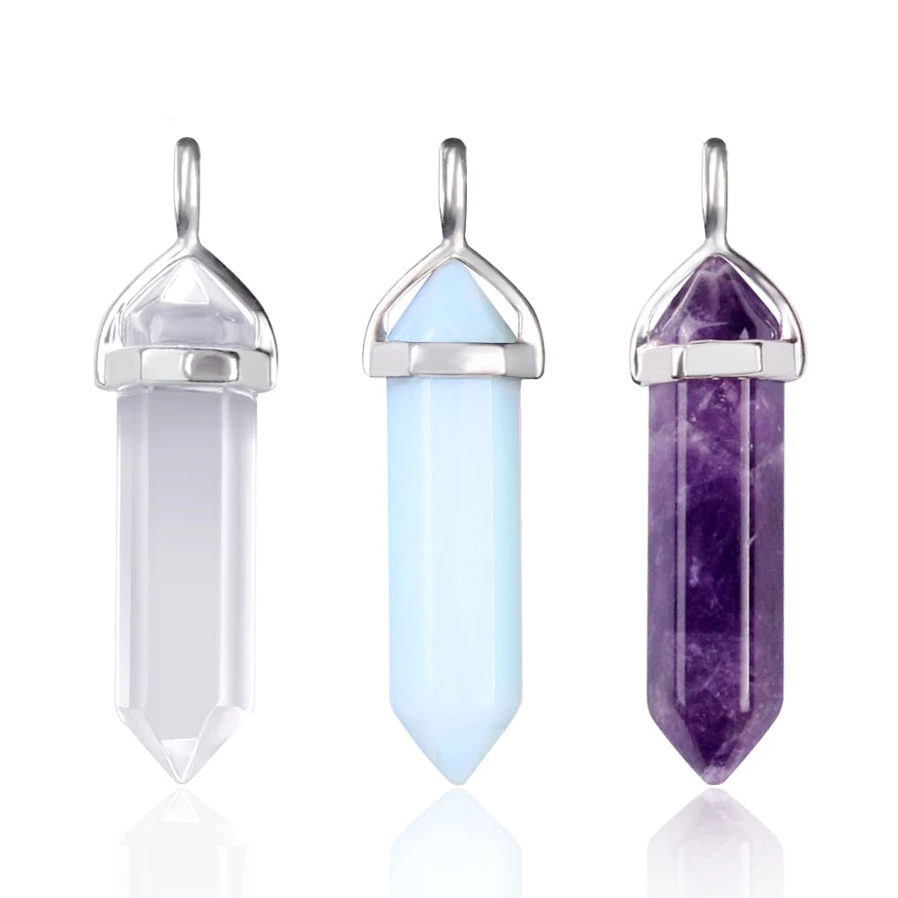 Hexagonal Column Tumbled Gemstone Spiral Wrapped Pendant Necklace