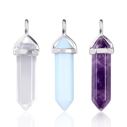 Hexagonal Column Tumbled Gemstone Spiral Wrapped Pendant Necklace