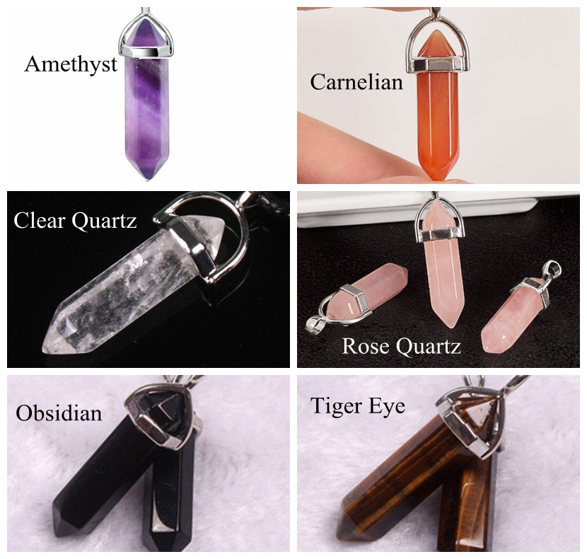 Hexagonal Column Tumbled Gemstone Spiral Wrapped Pendant Necklace